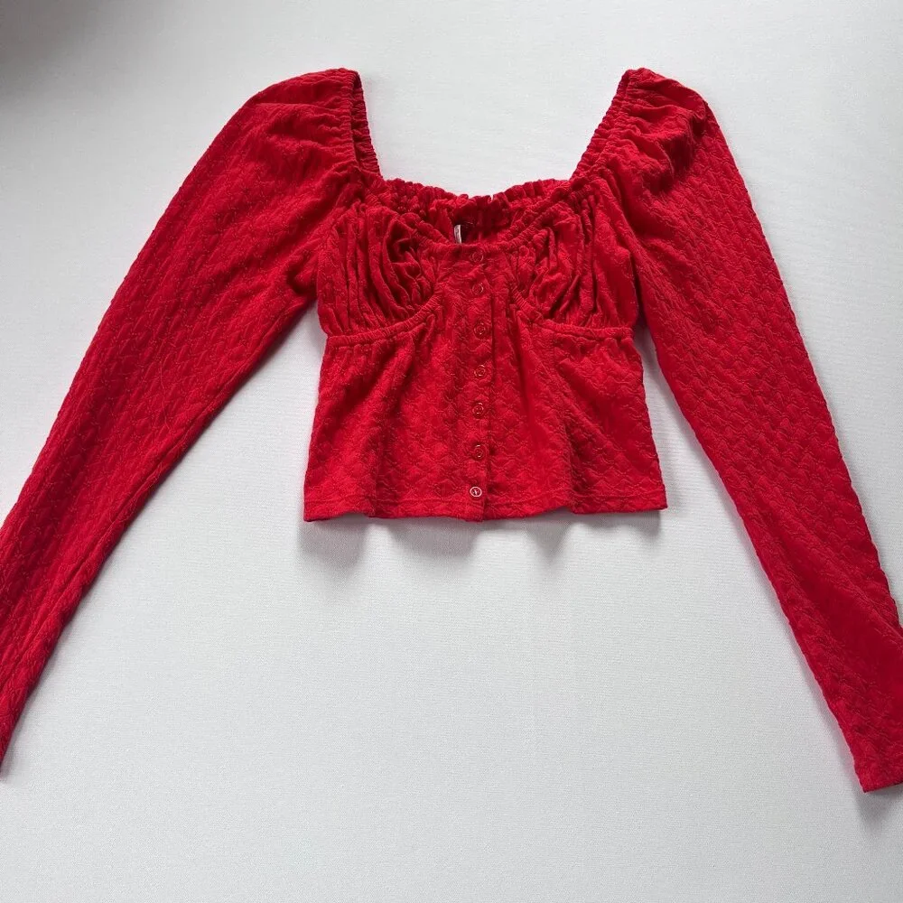 Free People Ladybug Long Sleeve Boho Top Flambe Red Cropped Womens Small